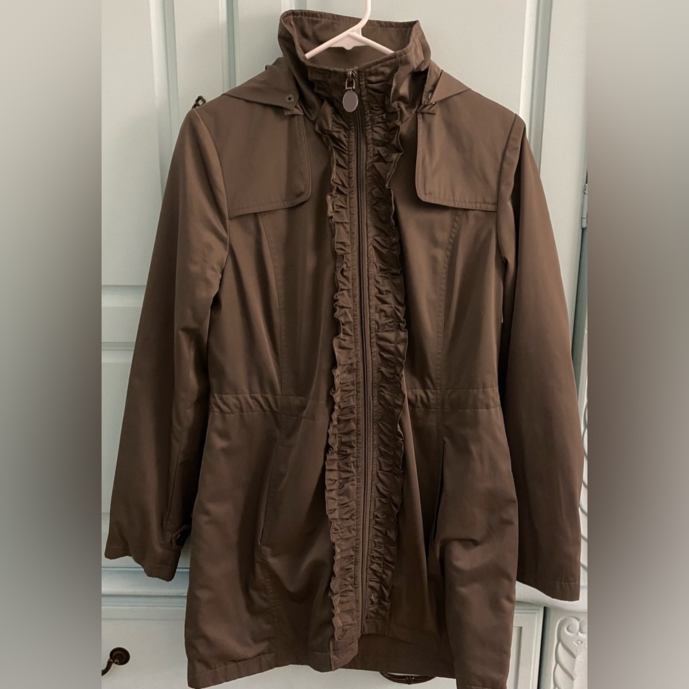 Tahari Chocolate Brown Zipper Ruffle Detailed Coat S